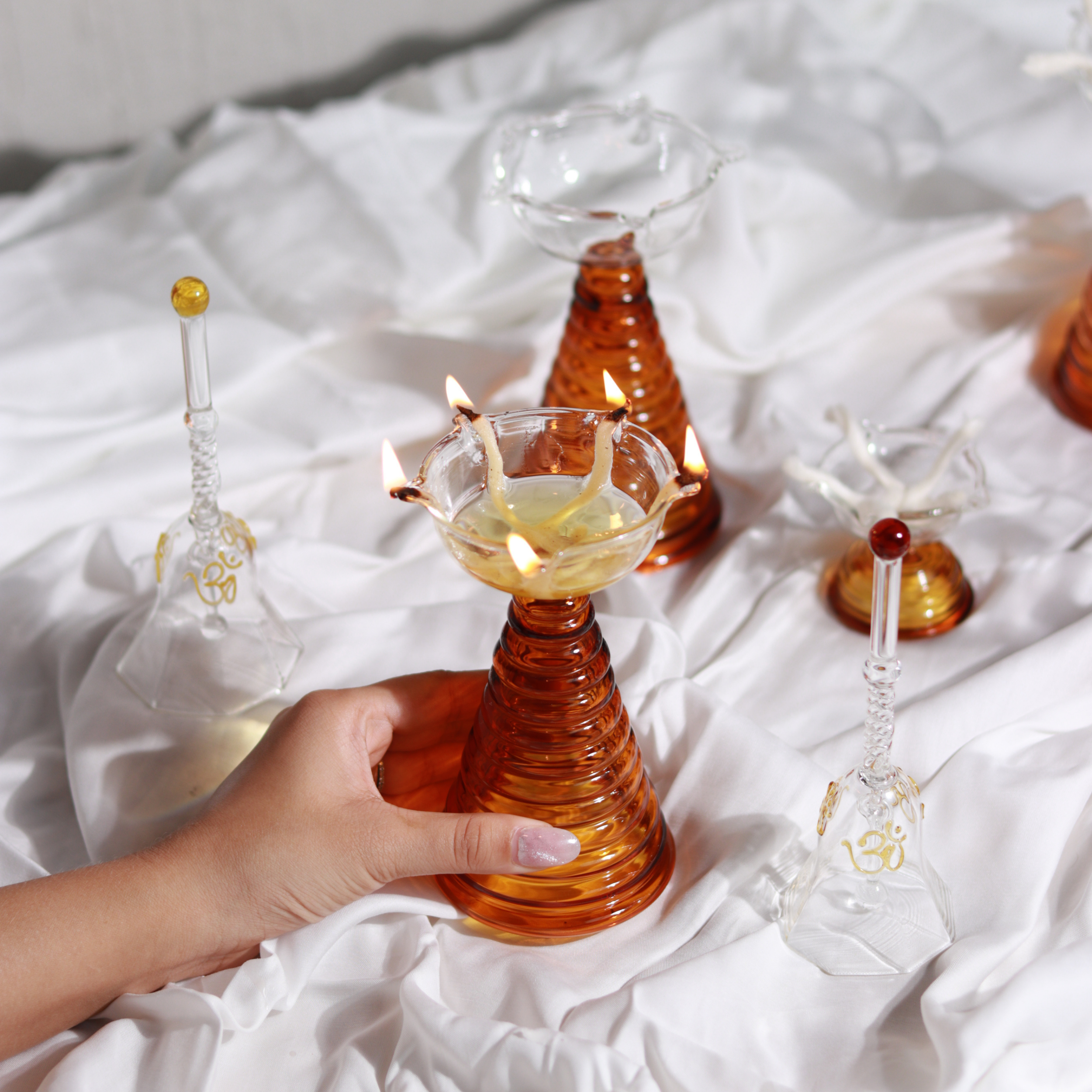 Orange Glass Diyas and Two Glass Bells Set