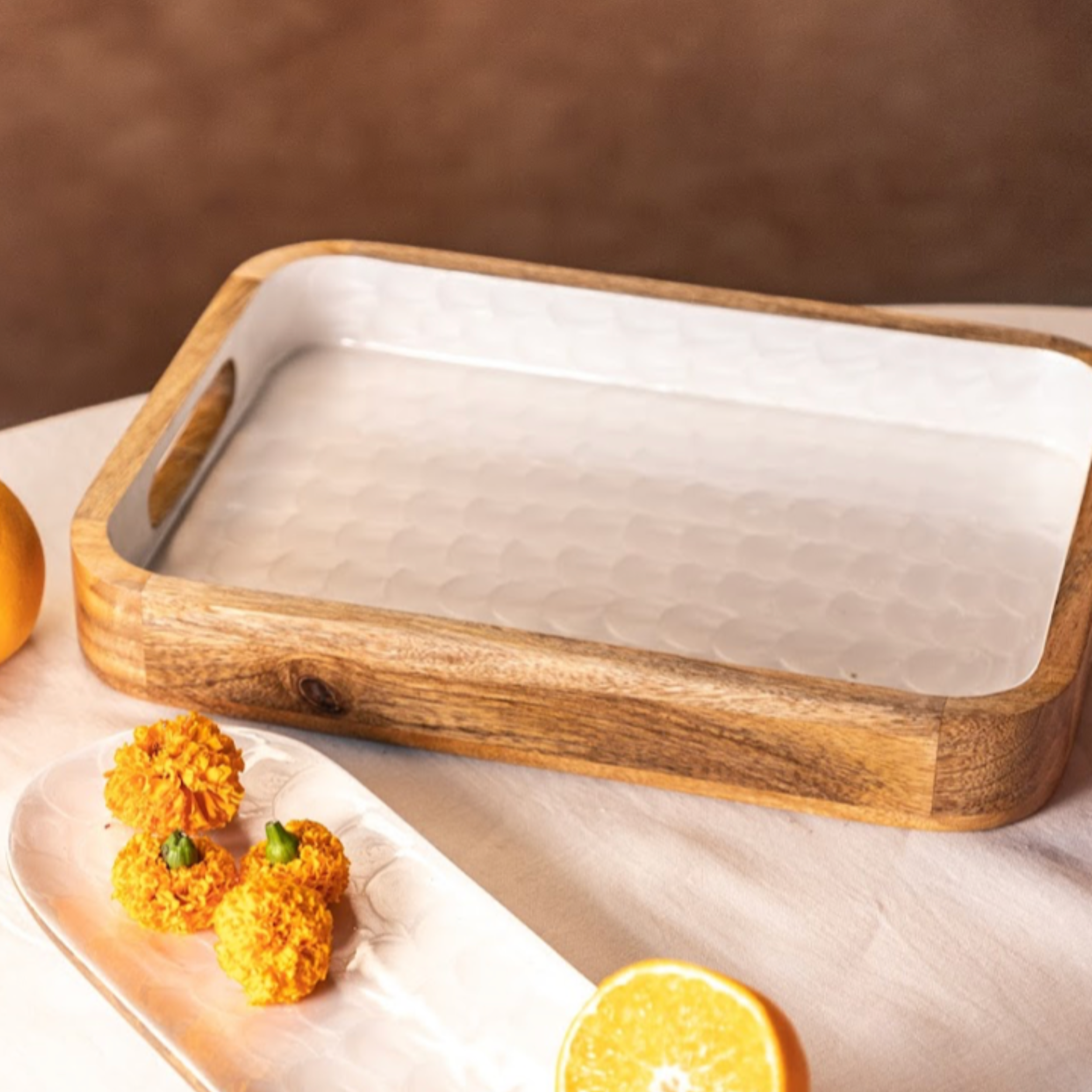 Pearl Enamel Wooden Serving Tray