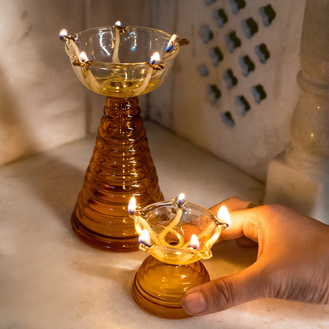 Glass Diya Pair Gift Set - Tall & Short Diyas